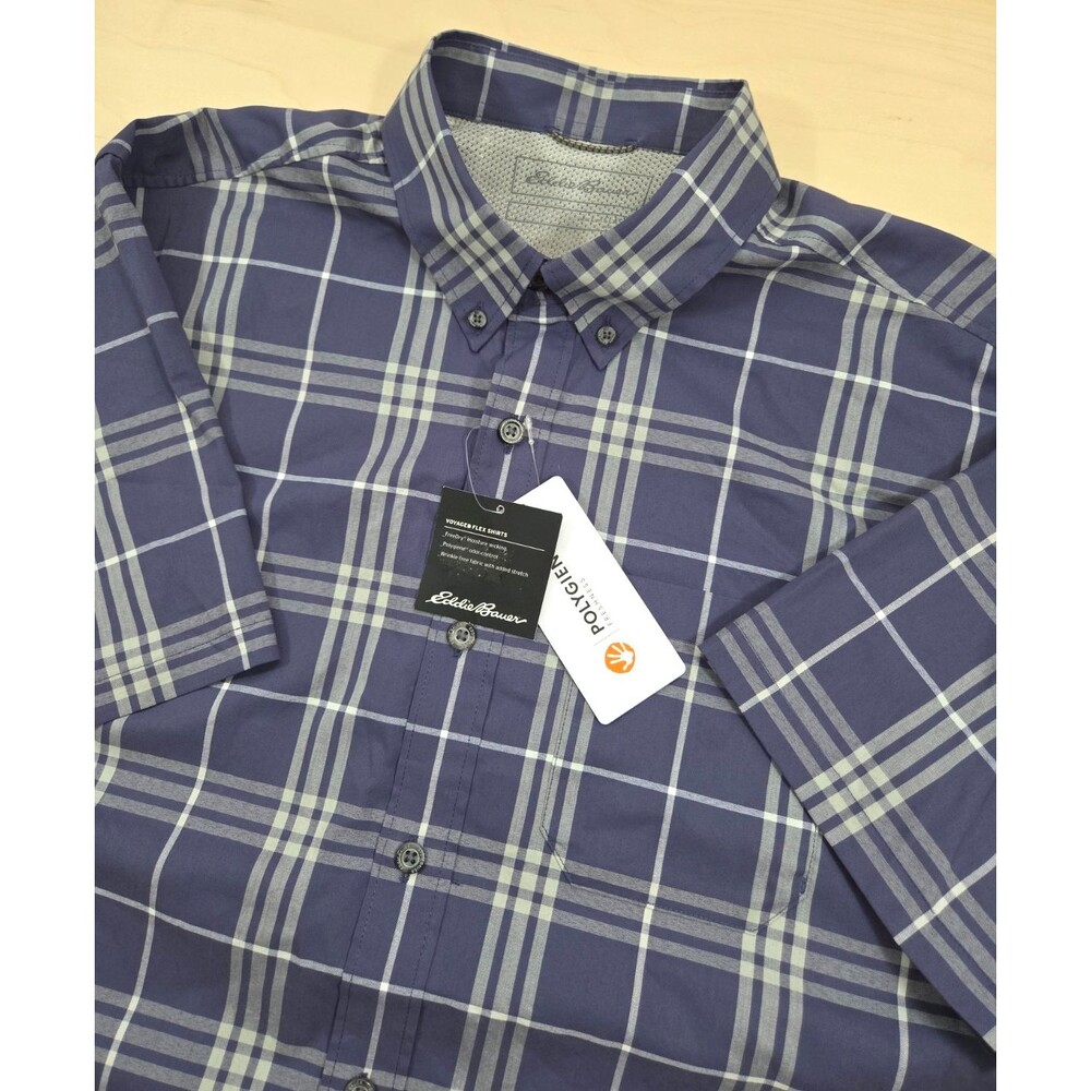 NWT Eddie Bauer Voyager Flex Shirt Mens L Blue Plaid Short Sleeve Button Up